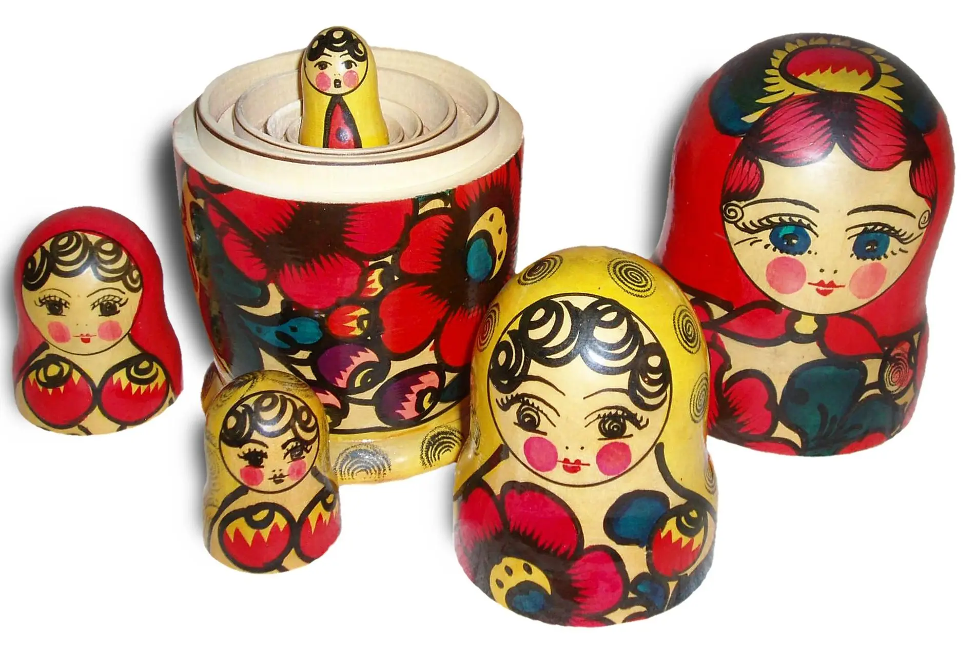 A set of Russian nesting dolls, from the biggest to the smallest